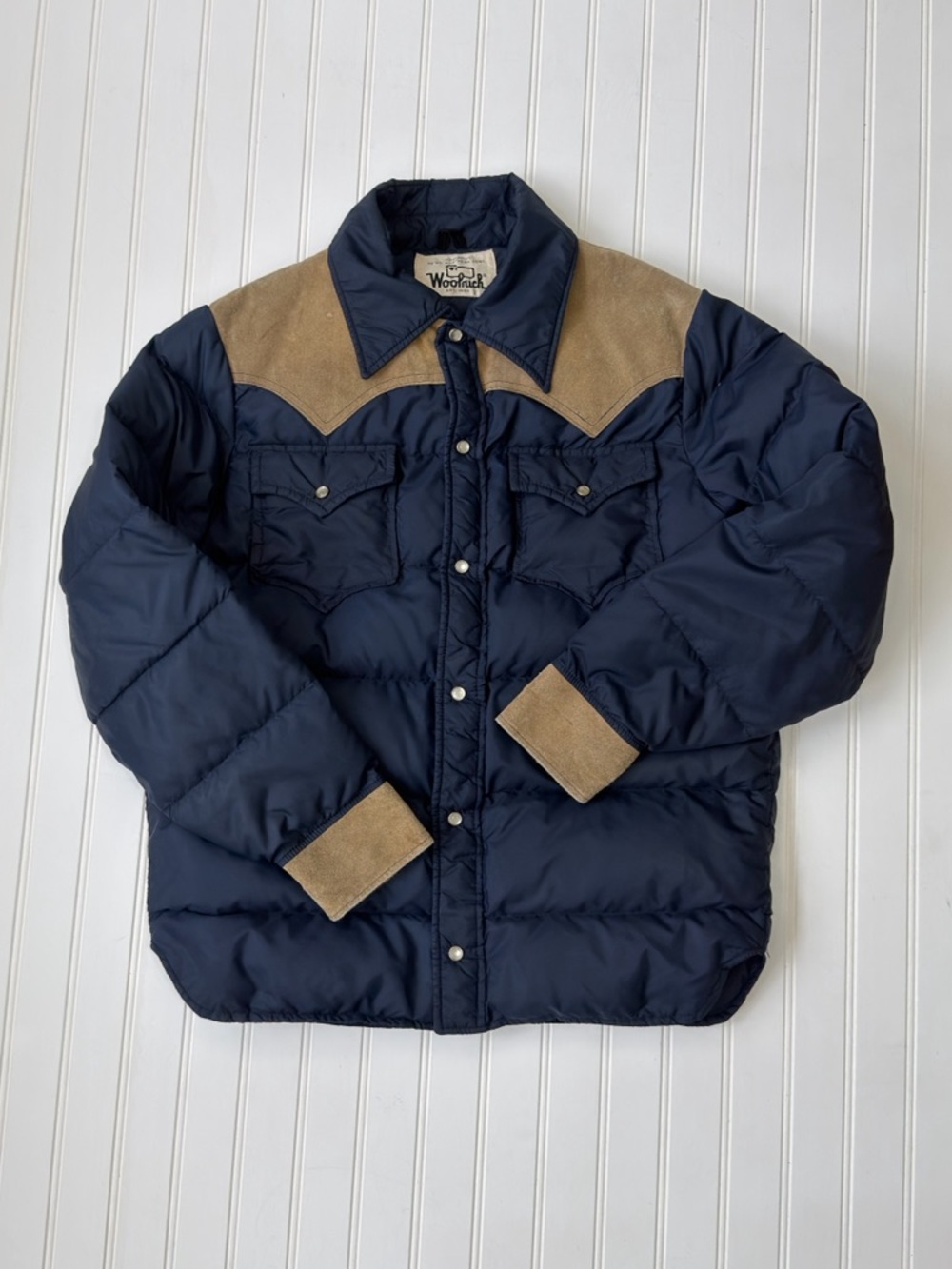 Vintage Woolrich Western Style Down Puffer Jacket Navy W Tan Yoke Pearl Snaps M